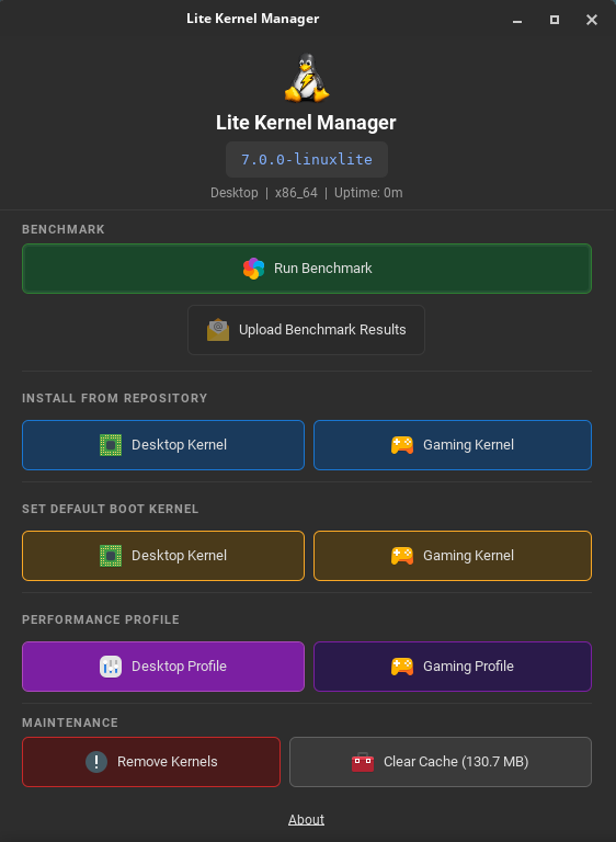 Lite Kernel Manager &mdash; die Linux Lite GUI zum Installieren, Wechseln und Benchmarken der Desktop- und Gaming-Kernel